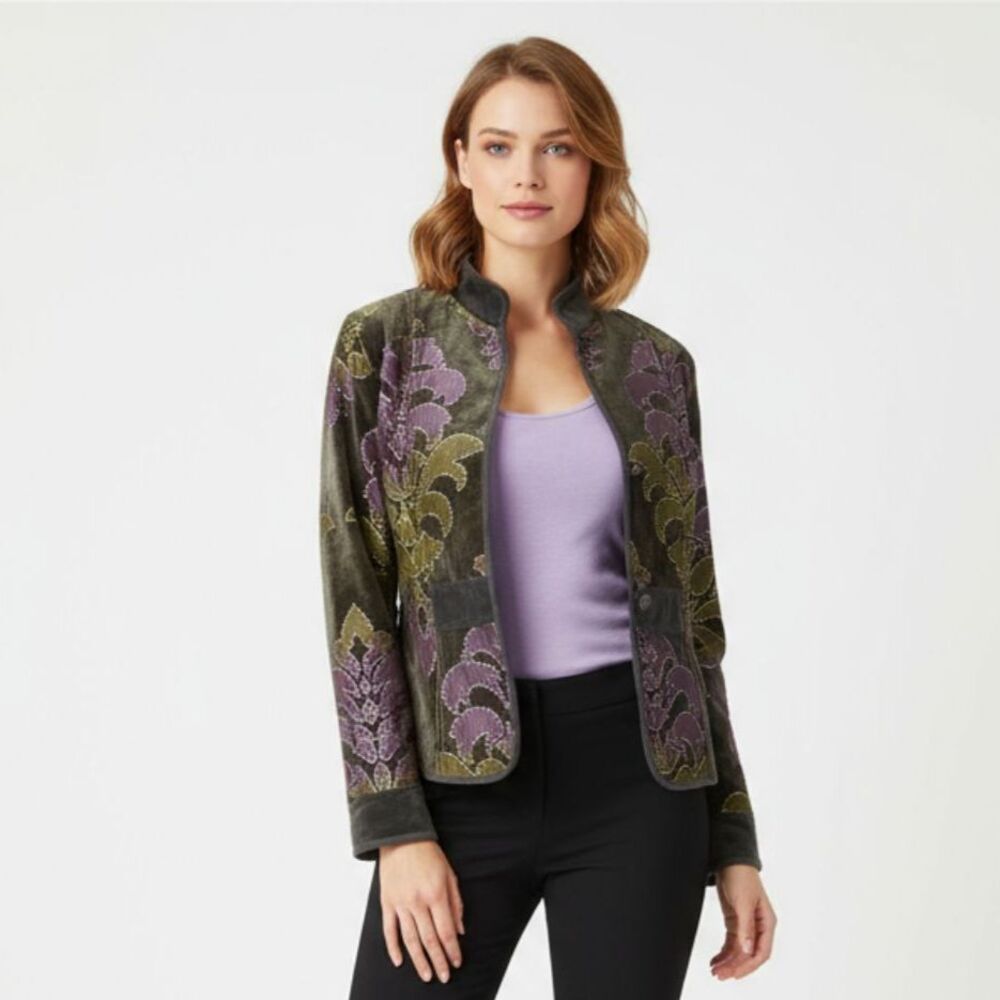 Khangura Gray Green & Purple Patchwork Button Front Long Sleeve Jacket L